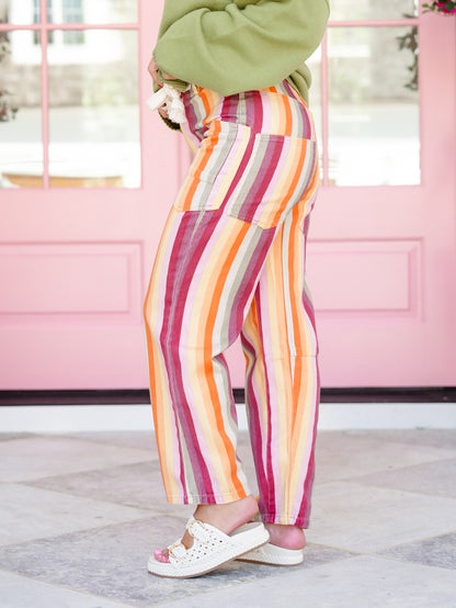 Vertical Stripe Barrel Pants with Patch Pockets