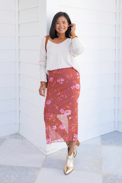 Floral Mesh Elastic Waist Midi Skirt