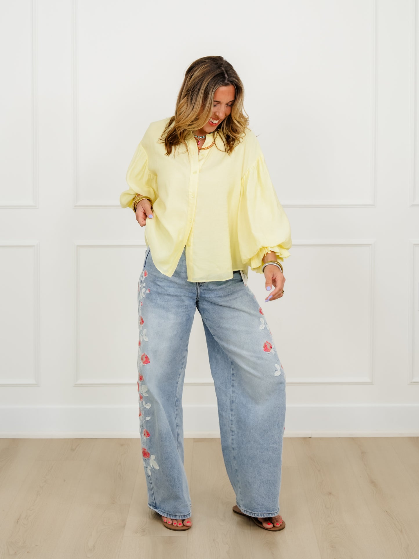 Yellow Puff Sleeve Button Down Top