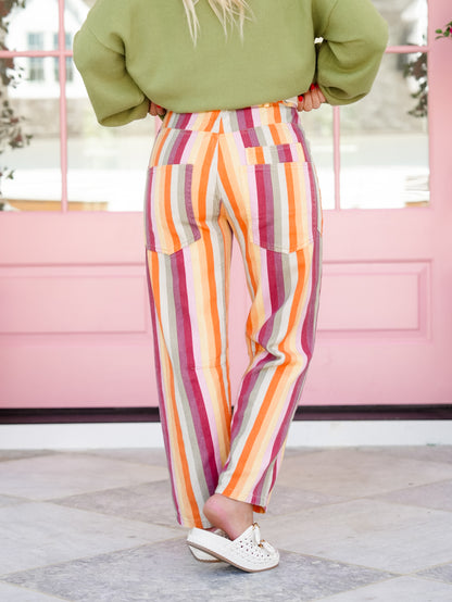 Vertical Stripe Barrel Pants with Patch Pockets
