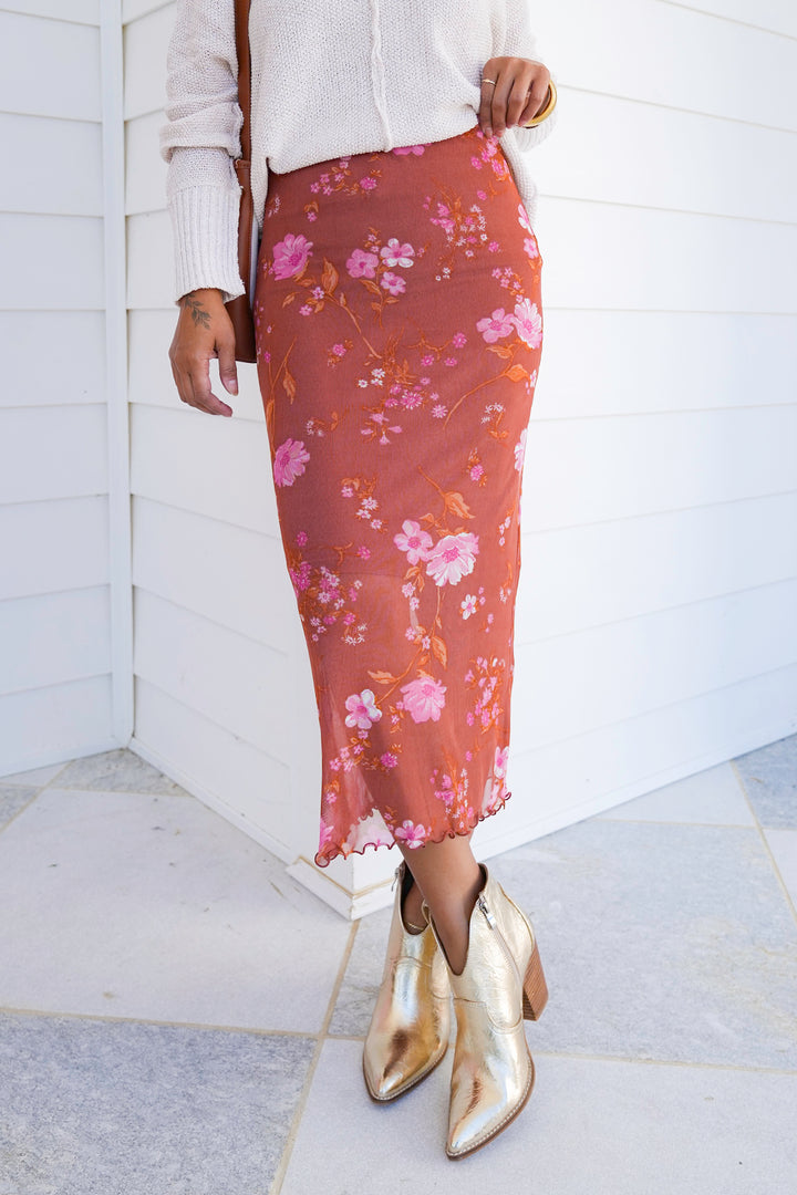 Floral Mesh Elastic Waist Midi Skirt