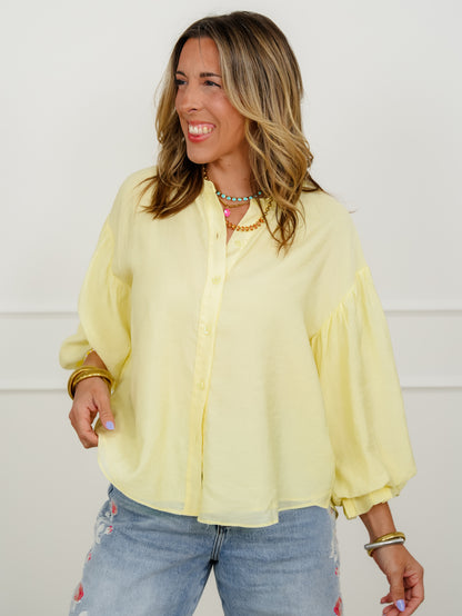 Yellow Puff Sleeve Button Down Top