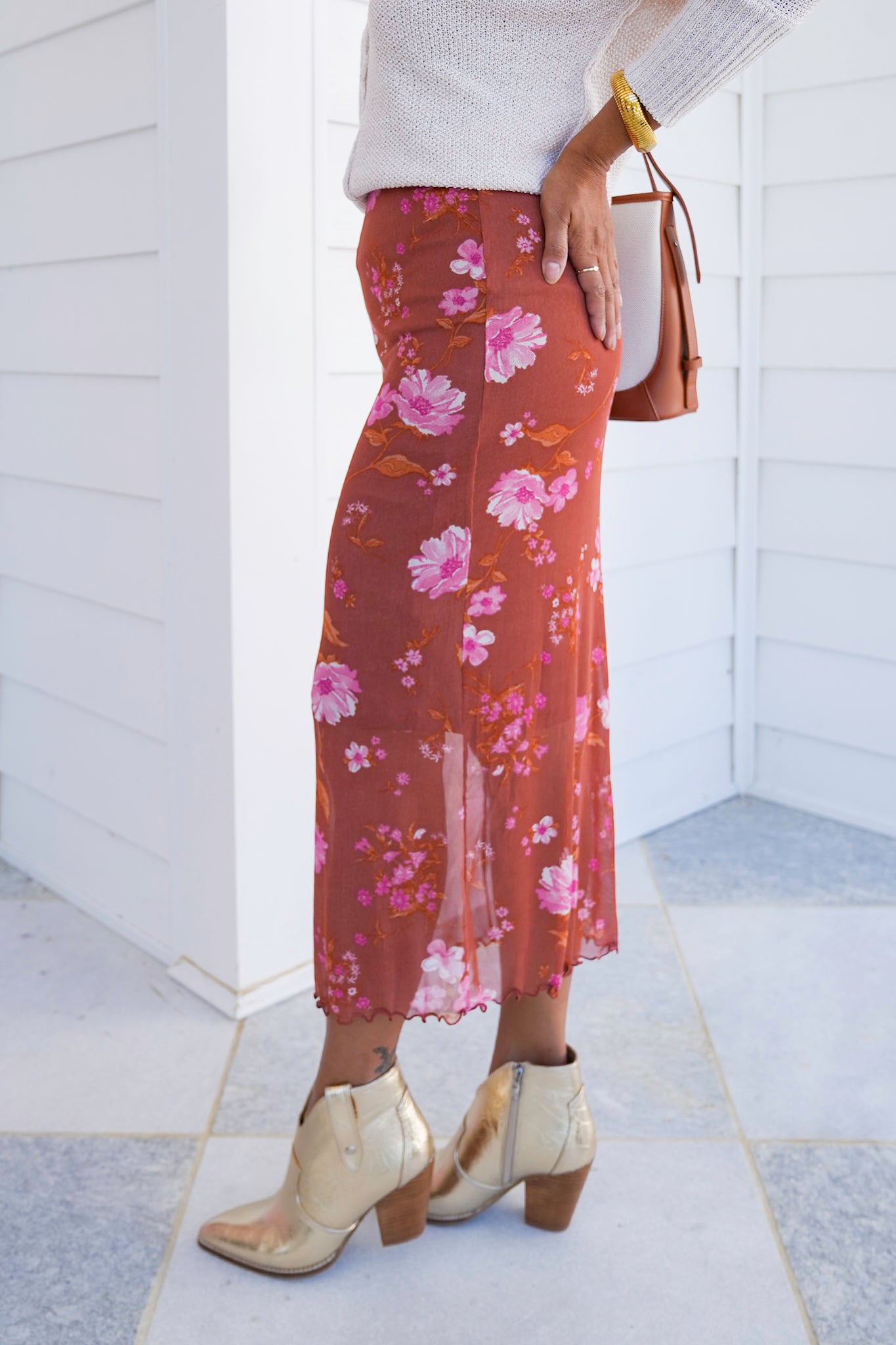 Floral Mesh Elastic Waist Midi Skirt