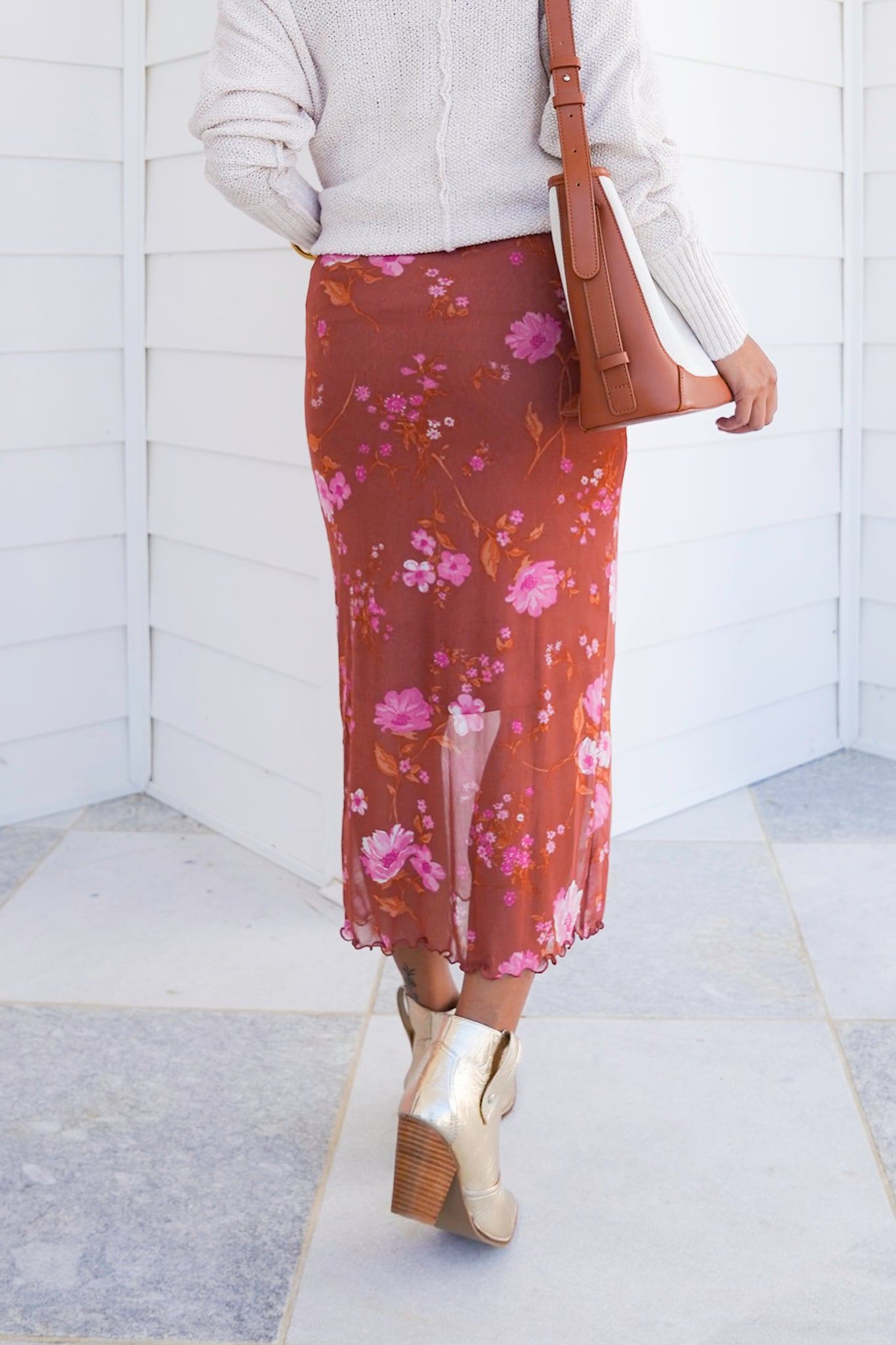 Floral Mesh Elastic Waist Midi Skirt