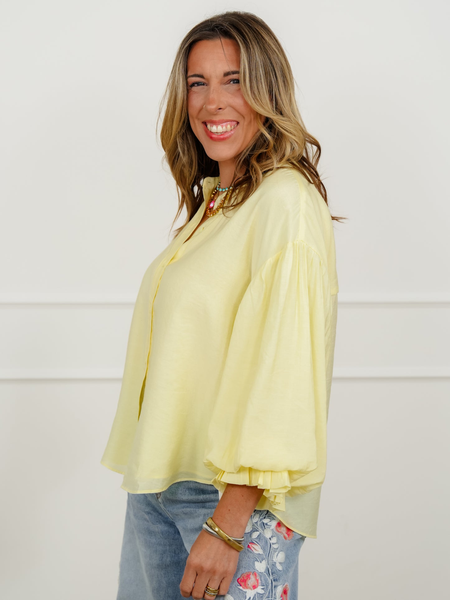 Yellow Puff Sleeve Button Down Top