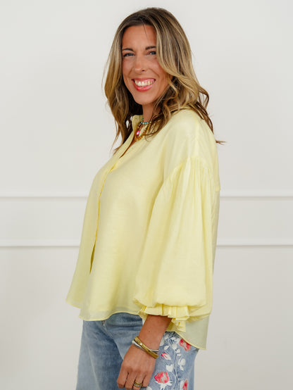 Yellow Puff Sleeve Button Down Top
