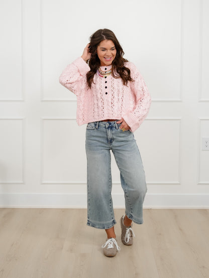 Textured Knit Long Sleeve Half Button Up Sweater