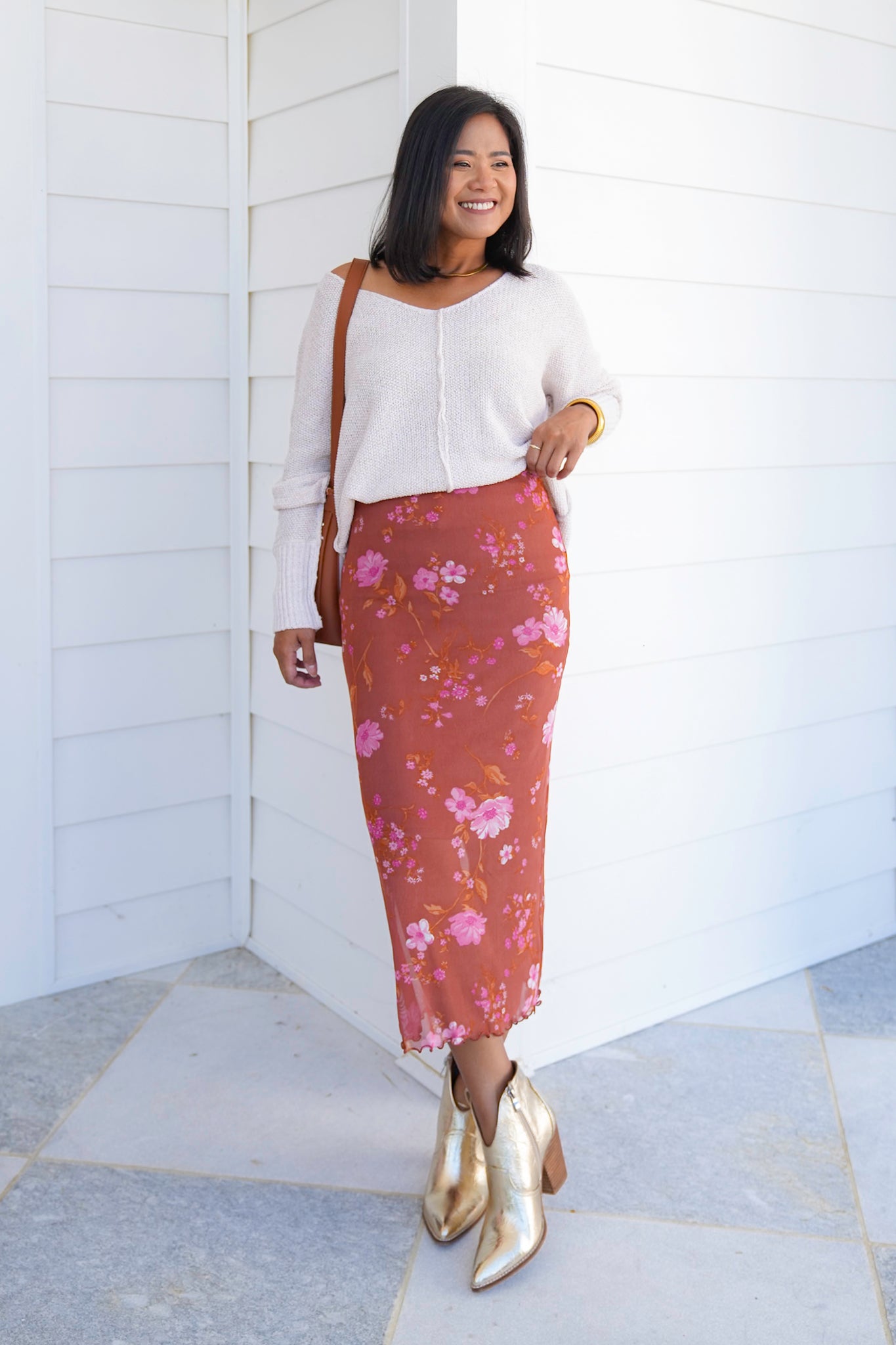 Floral Mesh Elastic Waist Midi Skirt