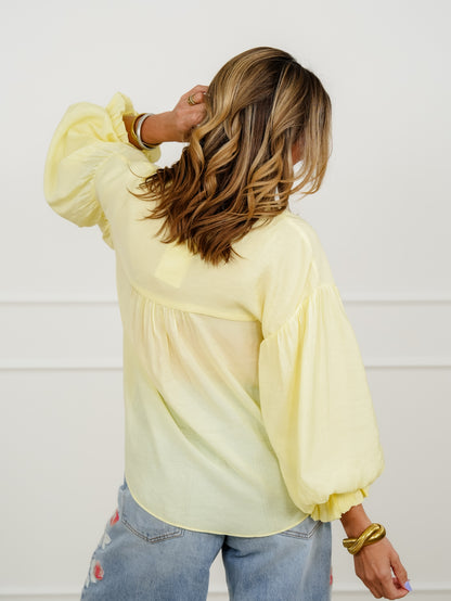 Yellow Puff Sleeve Button Down Top