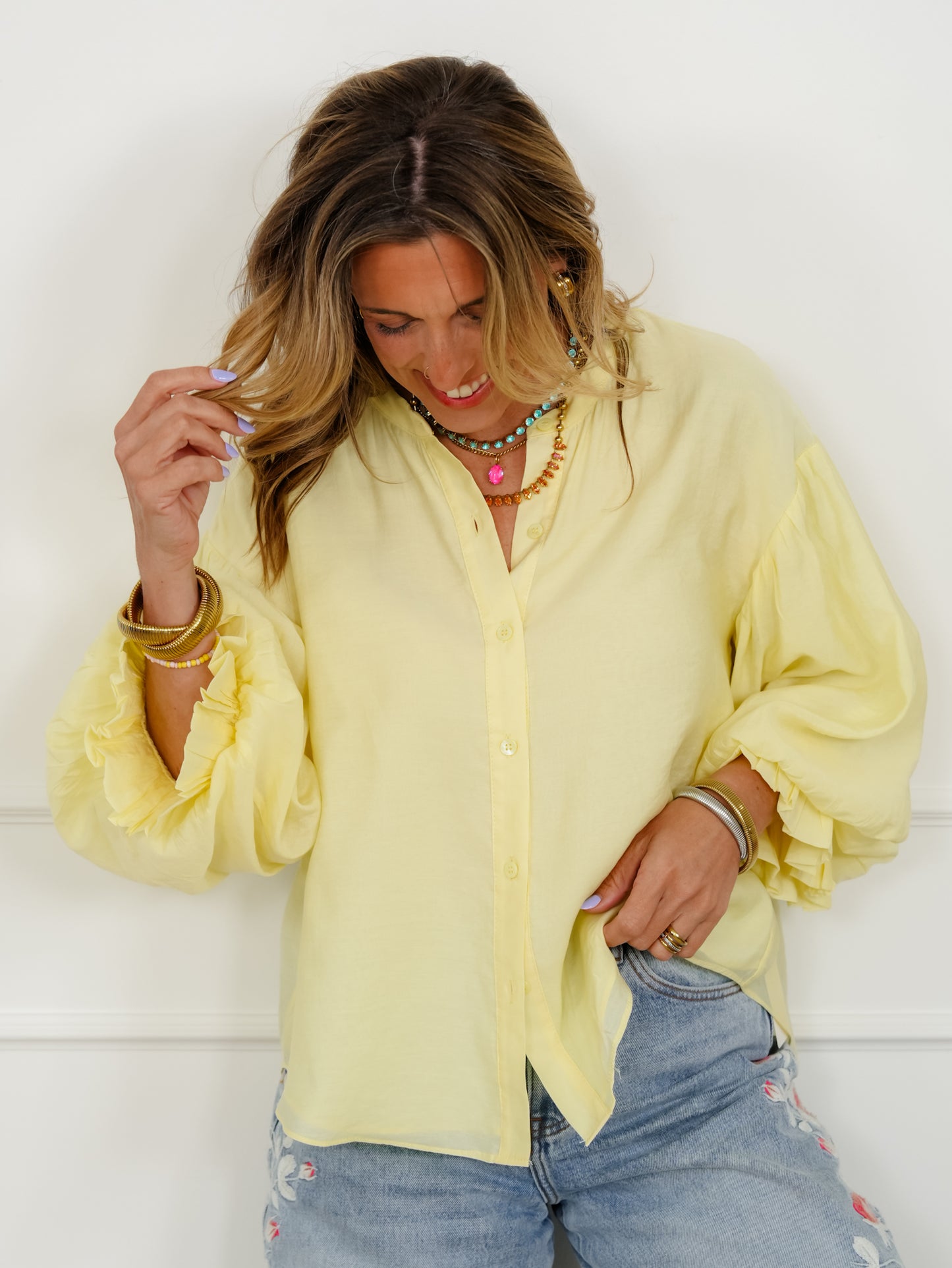 Yellow Puff Sleeve Button Down Top