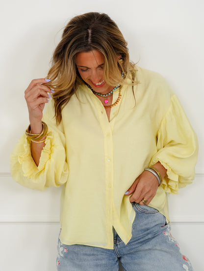 Yellow Puff Sleeve Button Down Top
