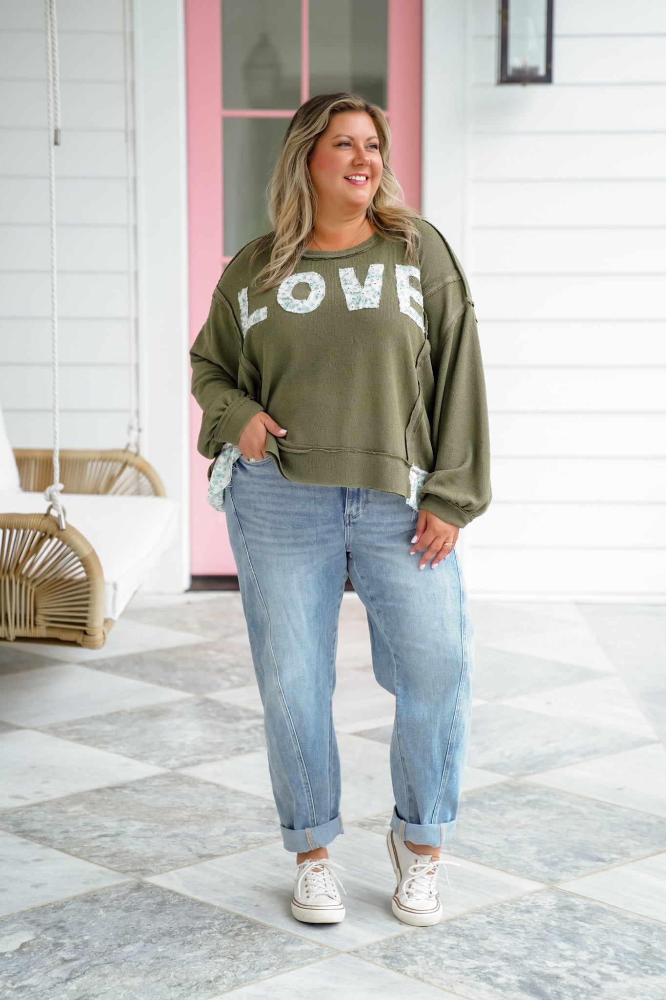 POL Knit Long Sleeve Top with Floral "Love" Patch Detail