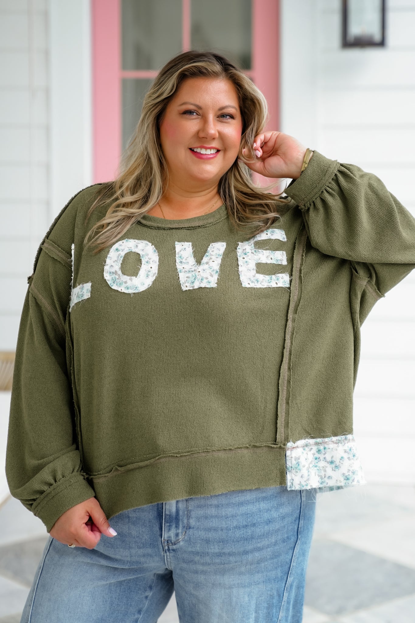 POL Knit Long Sleeve Top with Floral "Love" Patch Detail