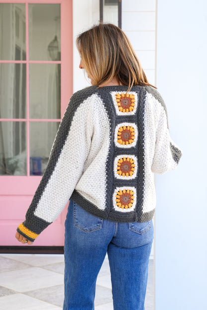 Crochet Long Sleeve Cardigan with Sunflowers