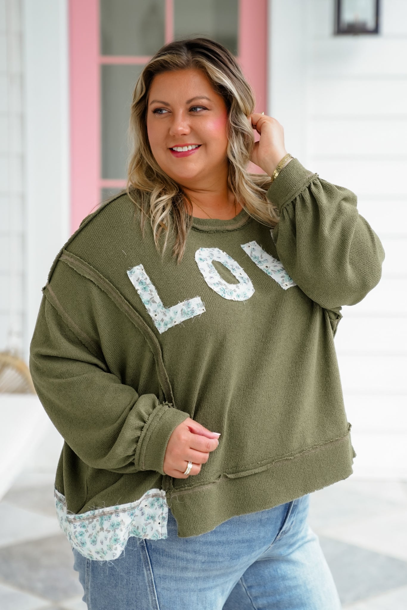POL Knit Long Sleeve Top with Floral "Love" Patch Detail