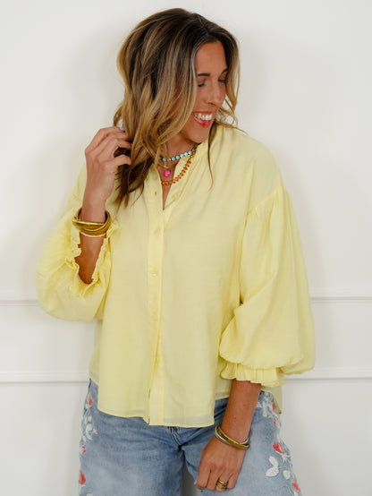 Yellow Puff Sleeve Button Down Top