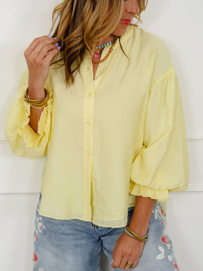 Yellow Puff Sleeve Button Down Top