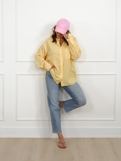 Plus/Reg Pinstripe Long Sleeve Button Down Top with Frayed Detail