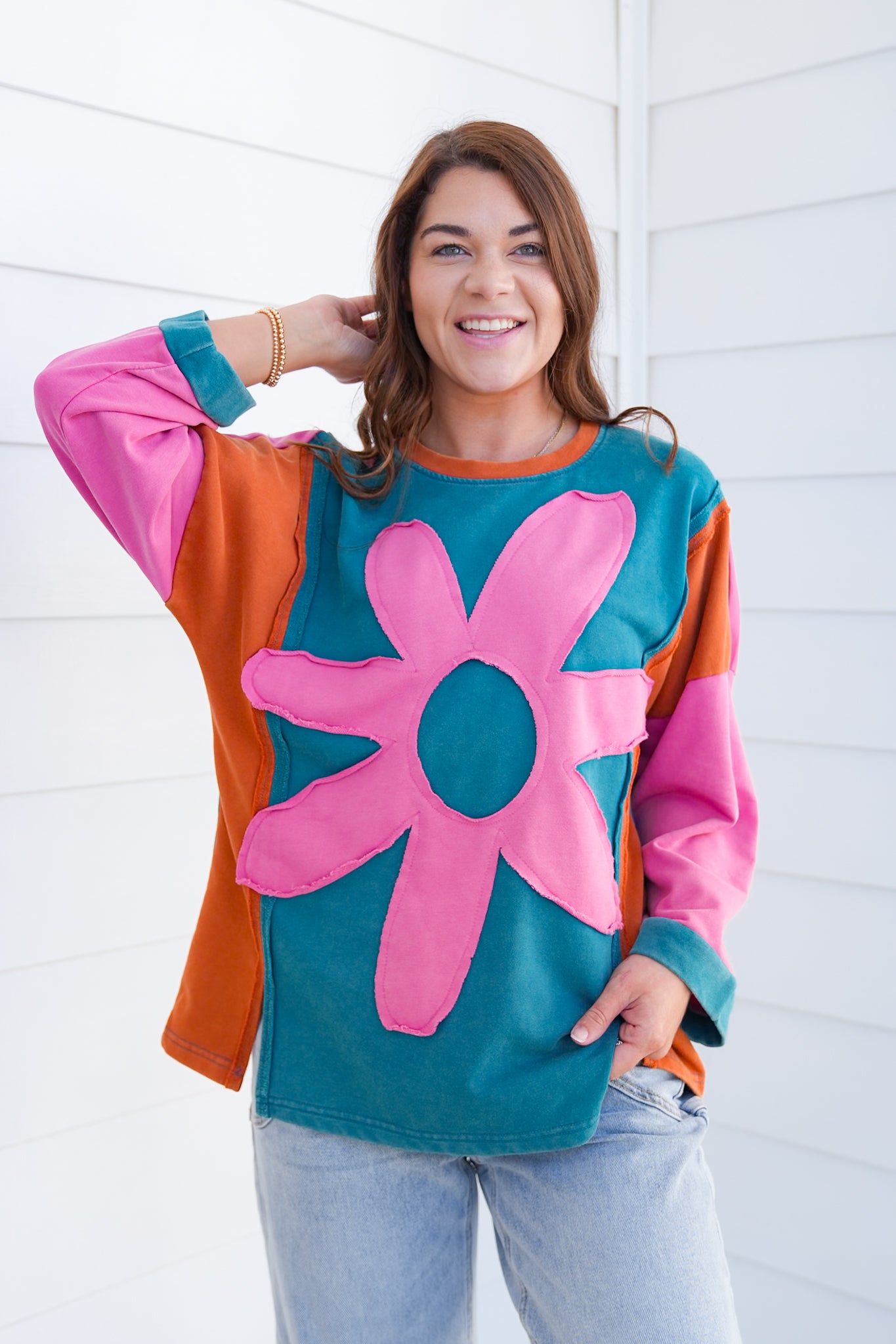Color Block Flower Patch Long Sleeve Top