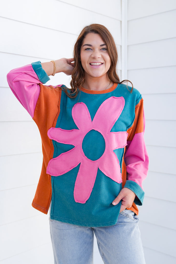 Color Block Flower Patch Long Sleeve Top
