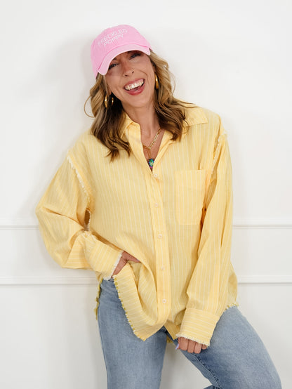 Plus/Reg Pinstripe Long Sleeve Button Down Top with Frayed Detail