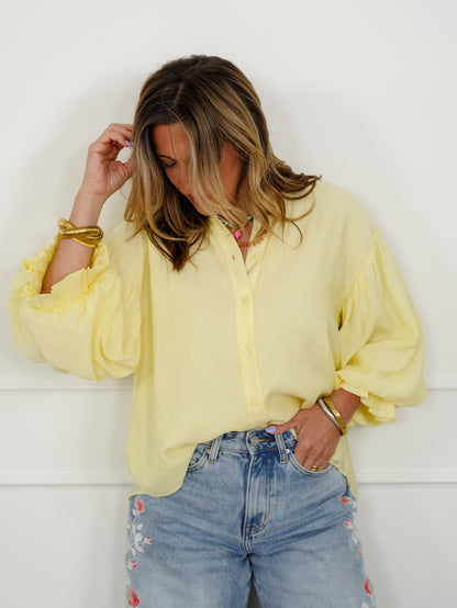 Yellow Puff Sleeve Button Down Top