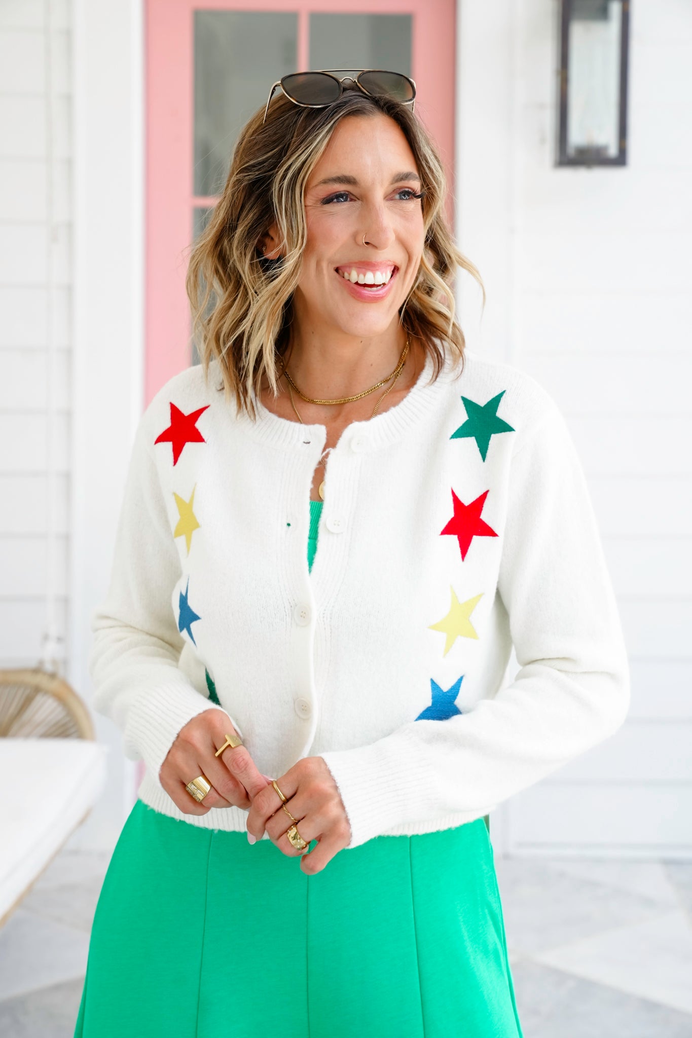 Embroidered Star Long Sleeve Button Down Cardigan