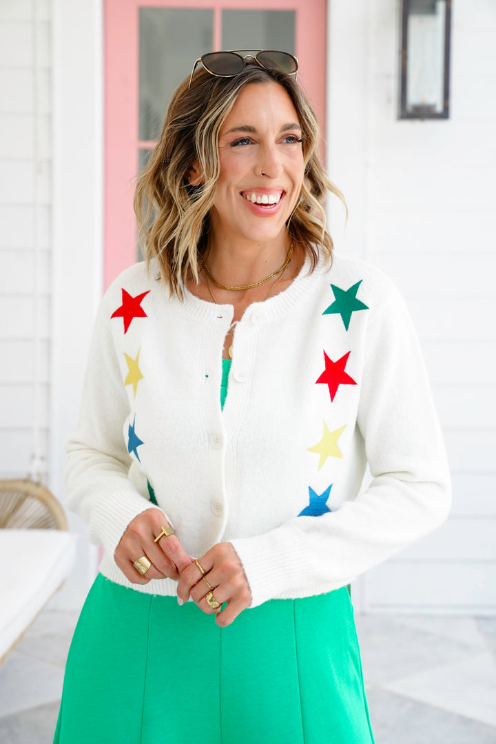 Embroidered Star Long Sleeve Button Down Cardigan