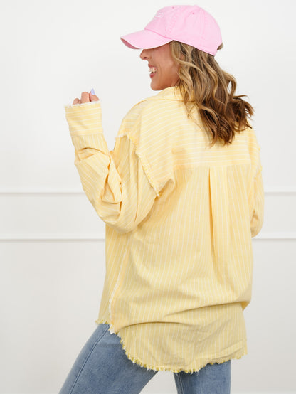 Plus/Reg Pinstripe Long Sleeve Button Down Top with Frayed Detail
