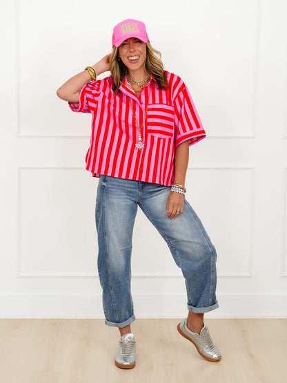 Striped Short Sleeve Button Down Top