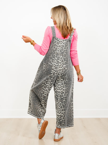 Leopard Print Wide Leg Bib Overalls