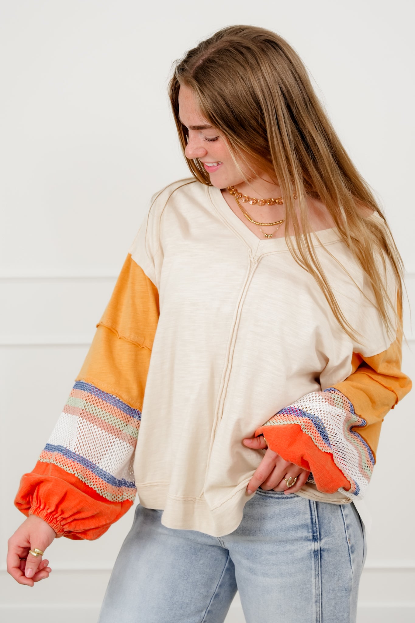 Cotton Long Stripe Sleeve V Neck Top