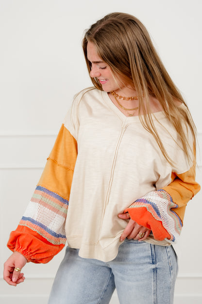 Cotton Long Stripe Sleeve V Neck Top