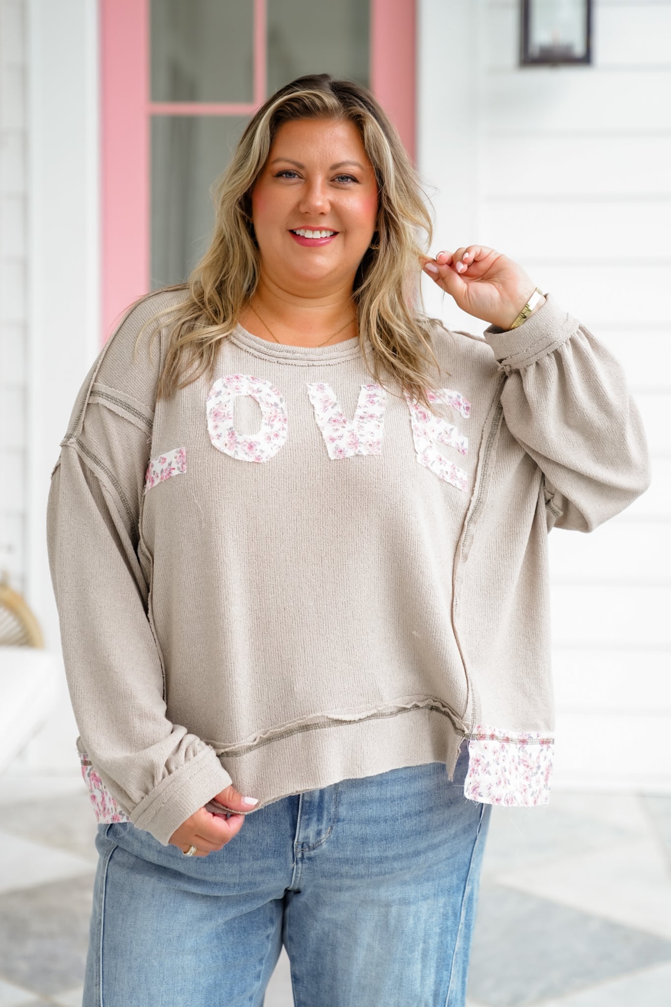 POL Knit Long Sleeve Top with Floral "Love" Patch Detail