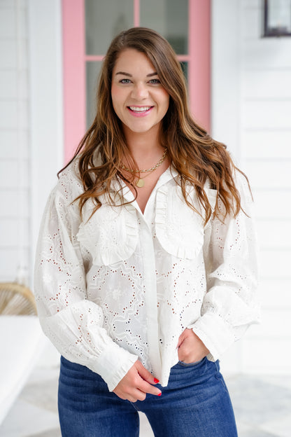 Eyelet Long Sleeve Button Down Top with Ruffle Detail
