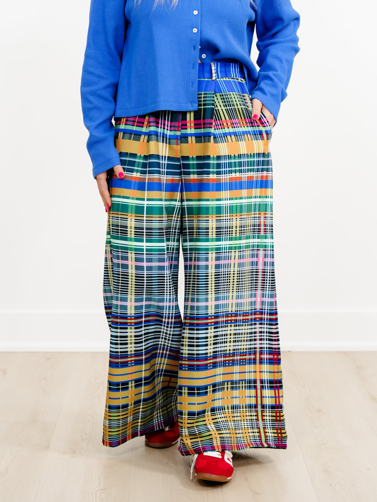 Plus/Reg Checkered Print High Waist Wide Leg Pants