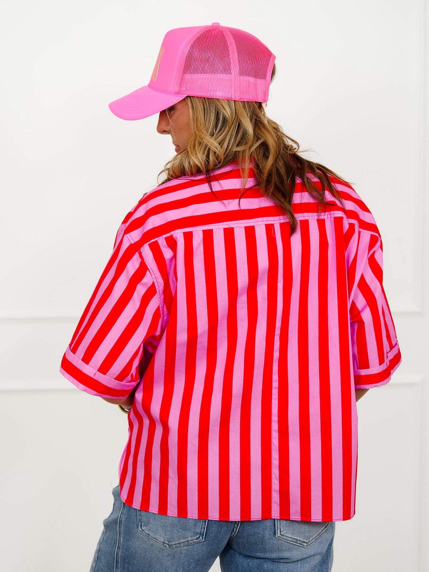 Striped Short Sleeve Button Down Top