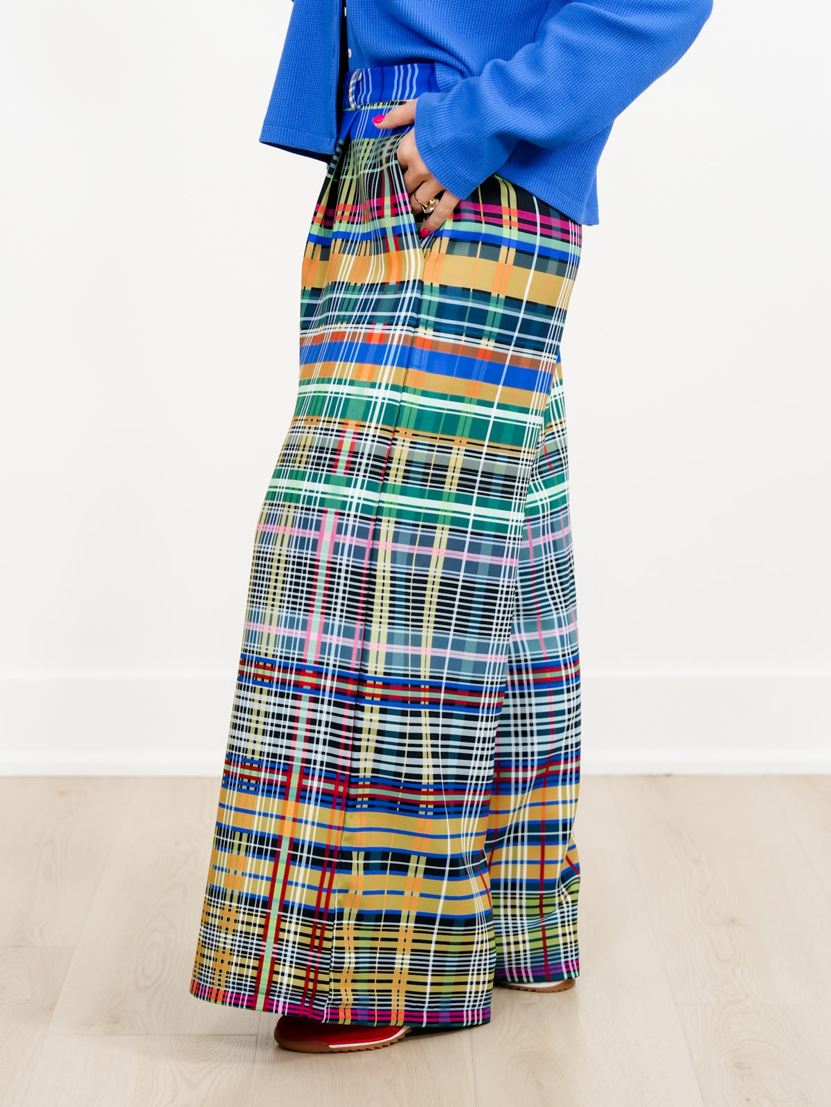 Plus/Reg Checkered Print High Waist Wide Leg Pants