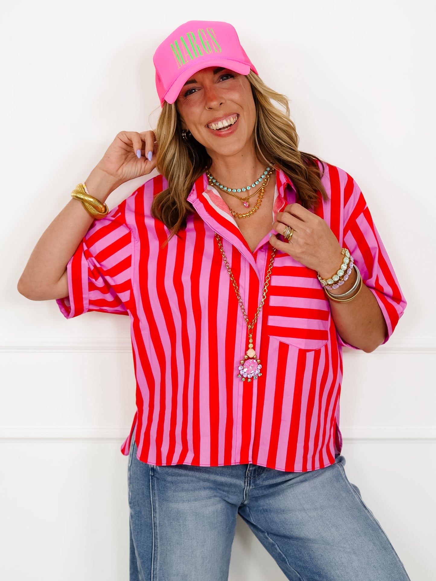 Striped Short Sleeve Button Down Top