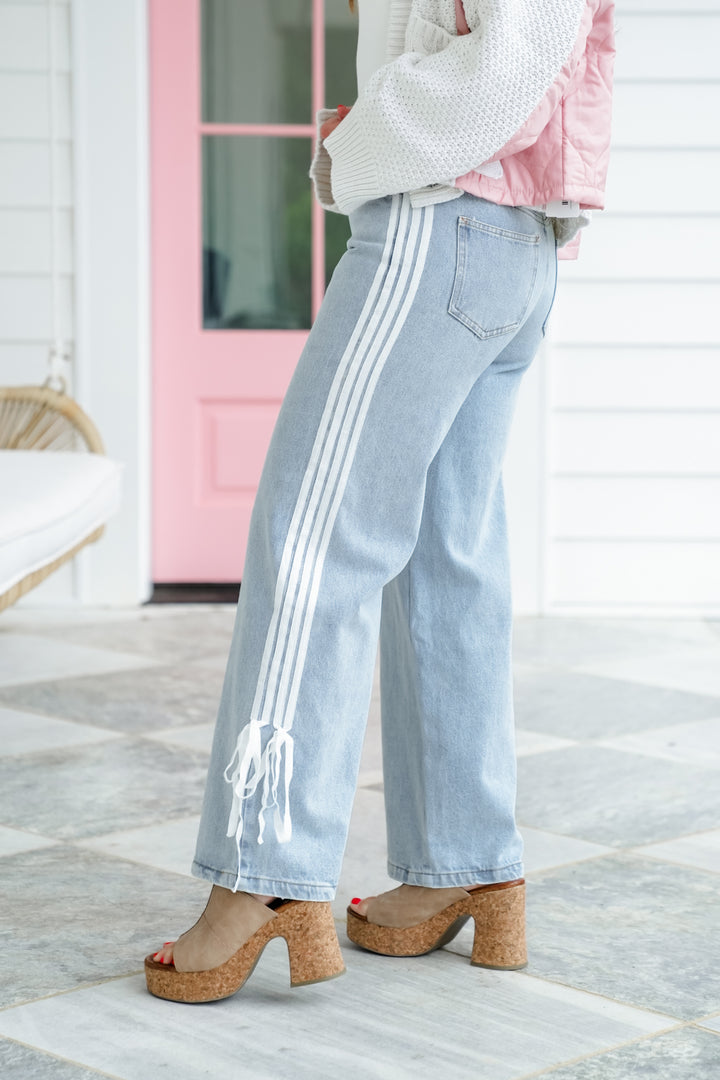 Denim Wide Leg Jeans with Side Trim and Bow Detail