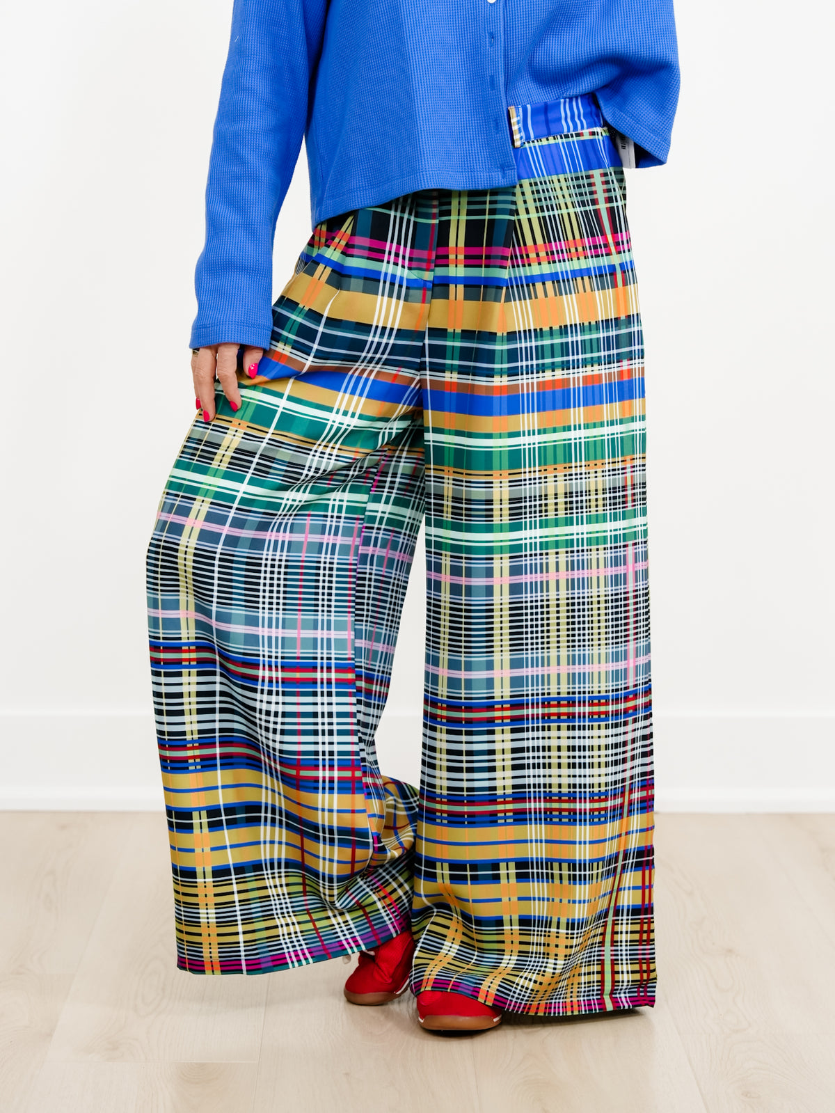 Plus/Reg Checkered Print High Waist Wide Leg Pants