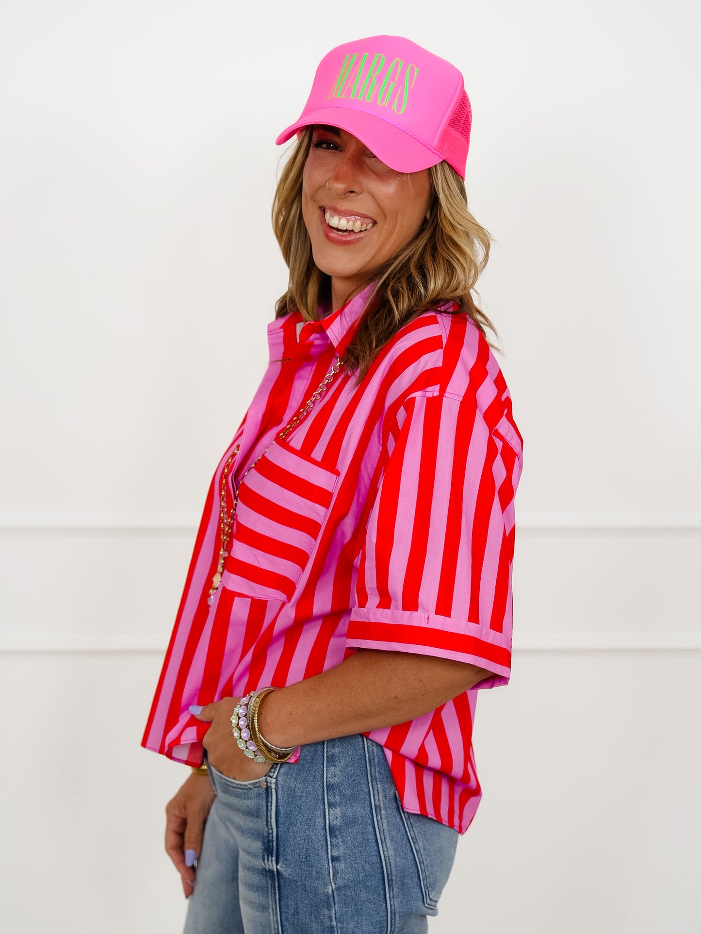 Striped Short Sleeve Button Down Top