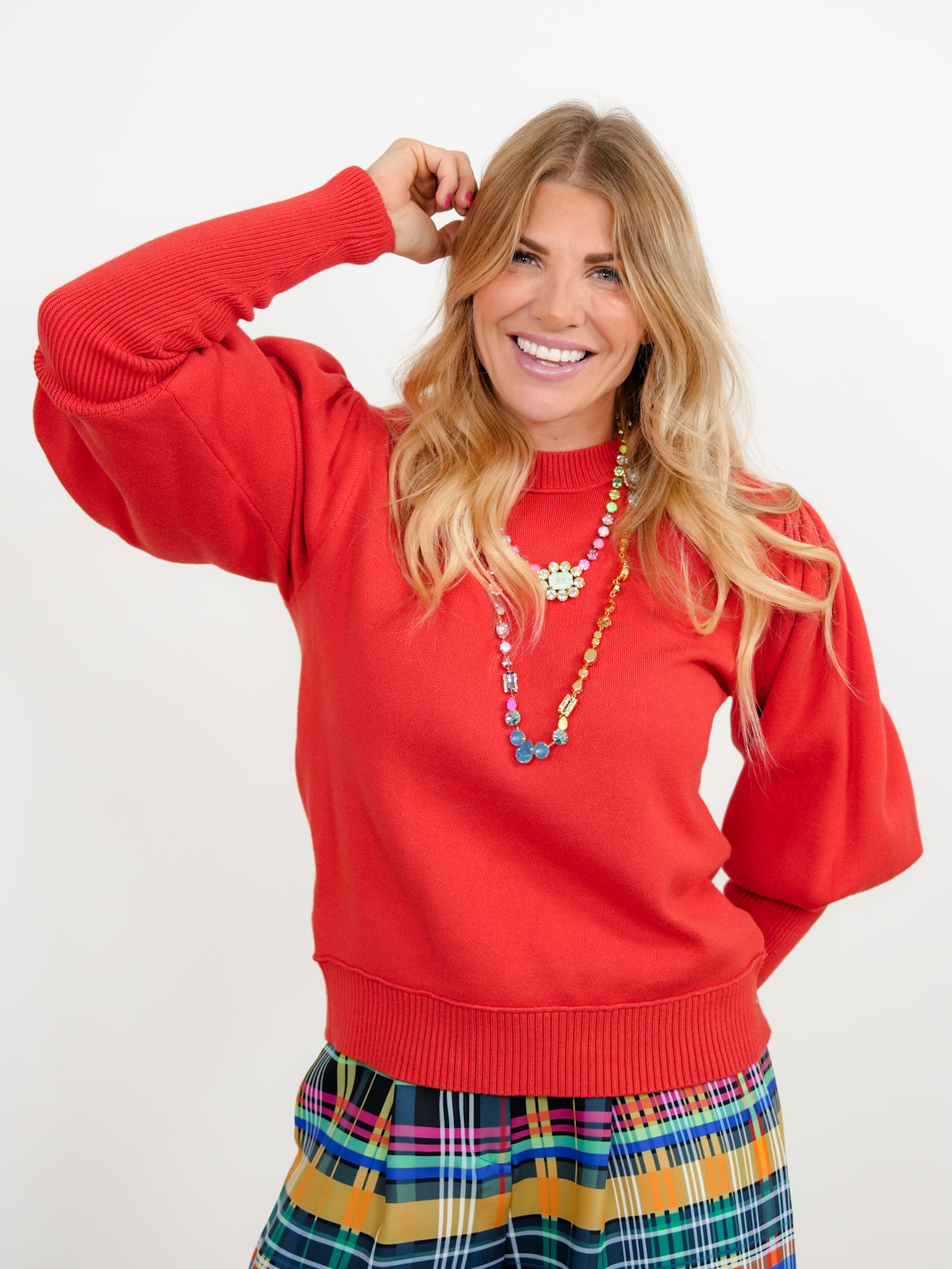 Long Sleeve Puff Shoulder Crew Neck Pullover Sweater - Freckled Poppy