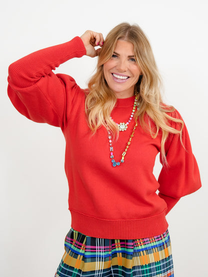 Long Sleeve Puff Shoulder Crew Neck Pullover Sweater - Freckled Poppy
