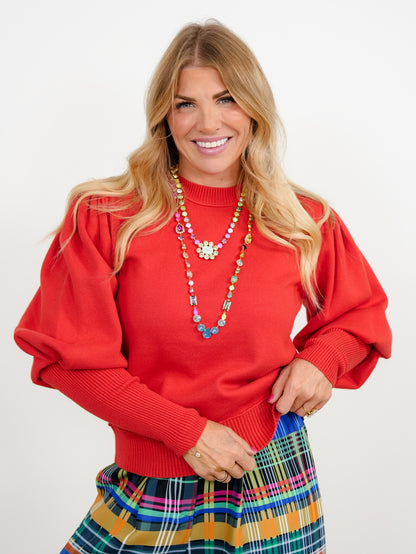 Long Sleeve Puff Shoulder Crew Neck Pullover Sweater - Freckled Poppy