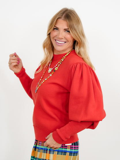 Long Sleeve Puff Shoulder Crew Neck Pullover Sweater - Freckled Poppy