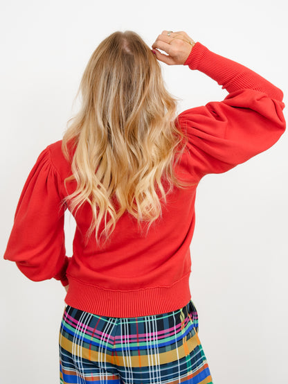 Long Sleeve Puff Shoulder Crew Neck Pullover Sweater - Freckled Poppy