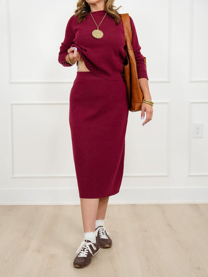 Knit Long Sleeve Sweater and Midi Skirt Set
