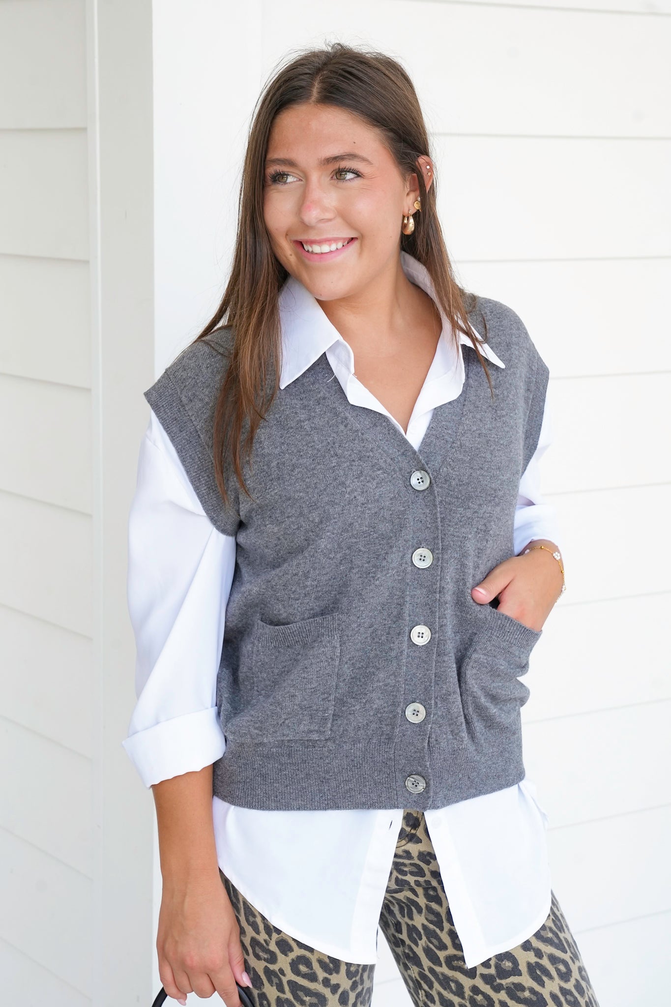 Charcoal Cap Sleeve Button Up Sweater Vest