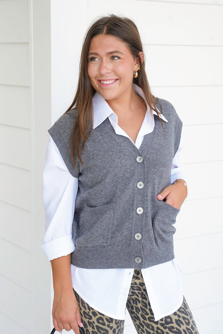 Charcoal Cap Sleeve Button Up Sweater Vest